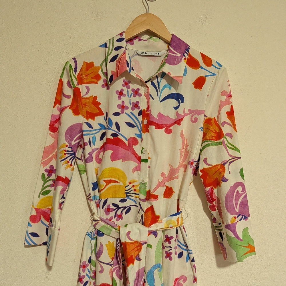 Zara Floral Midi Poplin Belted Shirt Dress Bloggers Fav. size L - Picture 4 of 7
